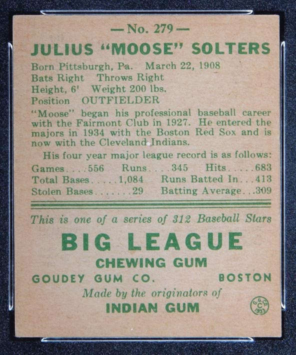 1938 Goudey #279 Julius Solters Cleveland Indians - Back