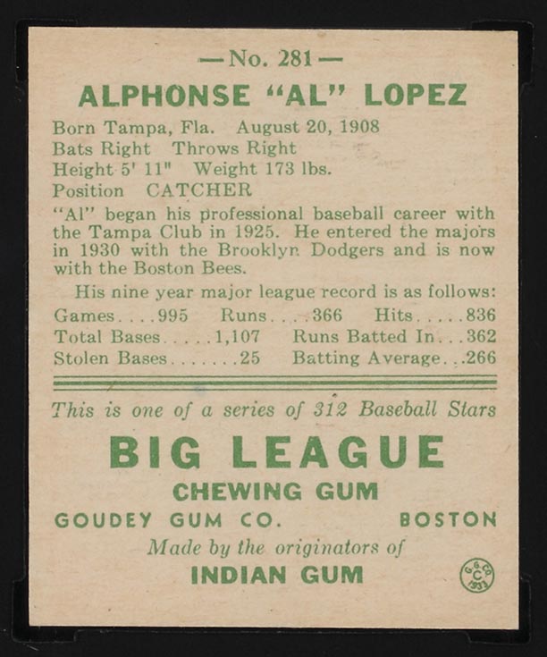 1938 Goudey #281 Al Lopez Boston Bees - Back