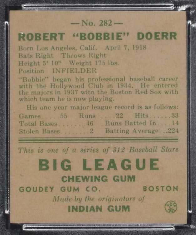 1938 Goudey #282 Bobby Doerr Boston Red Sox - Back