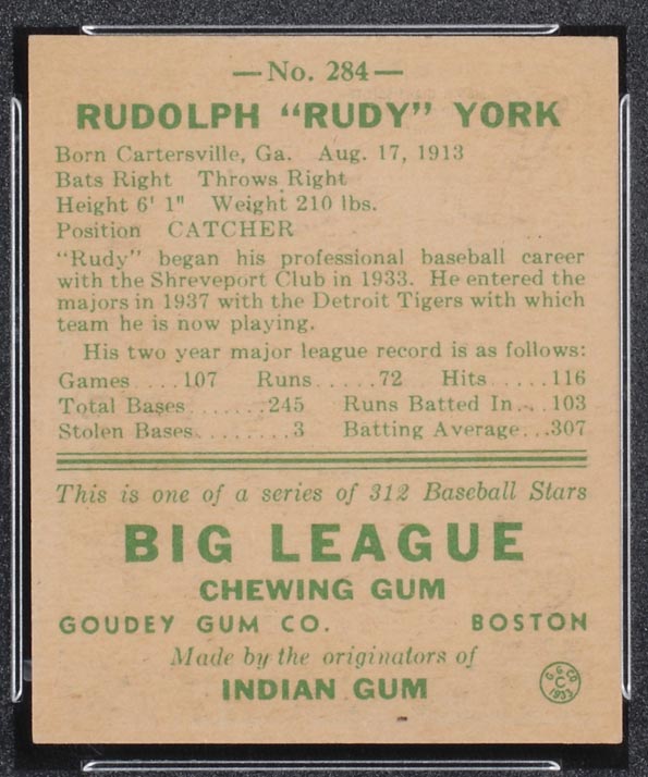 1938 Goudey #284 Rudy York Detroit Tigers - Back