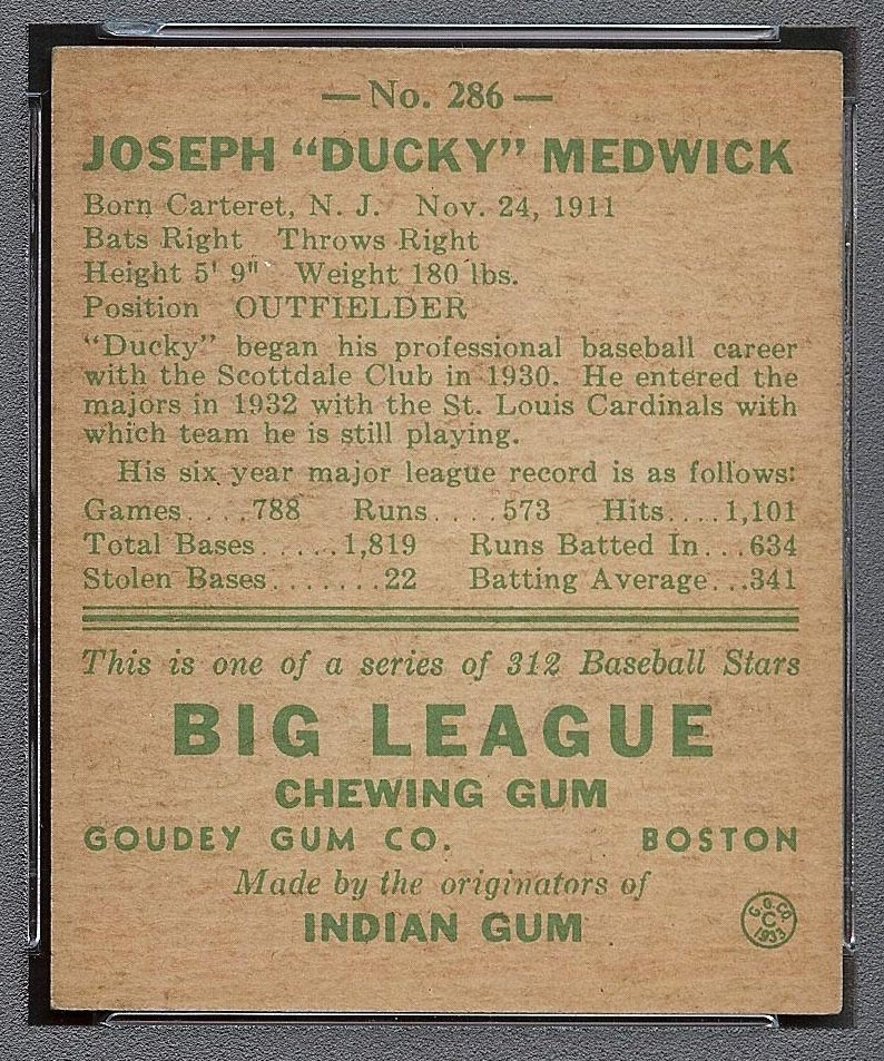 1938 Goudey #286 Joe “Ducky” Medwick St. Louis Cardinals - Back