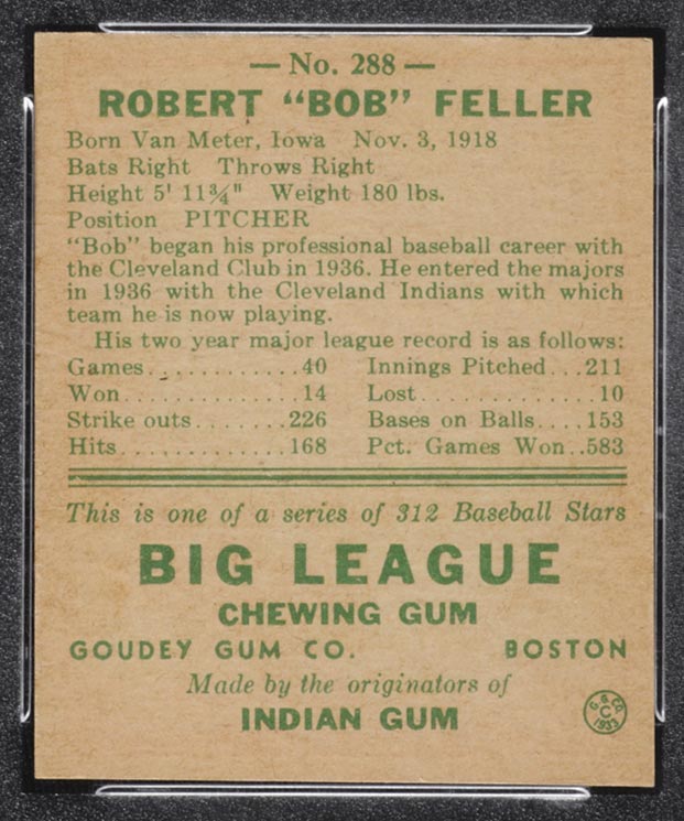 1938 Goudey #288 Bob Feller Cleveland Indians - Back