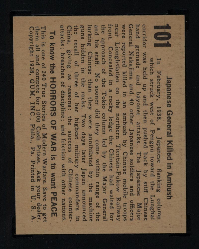 1938 Gum Inc Horrors of War #101 Japanese General Killed in Ambush - Back