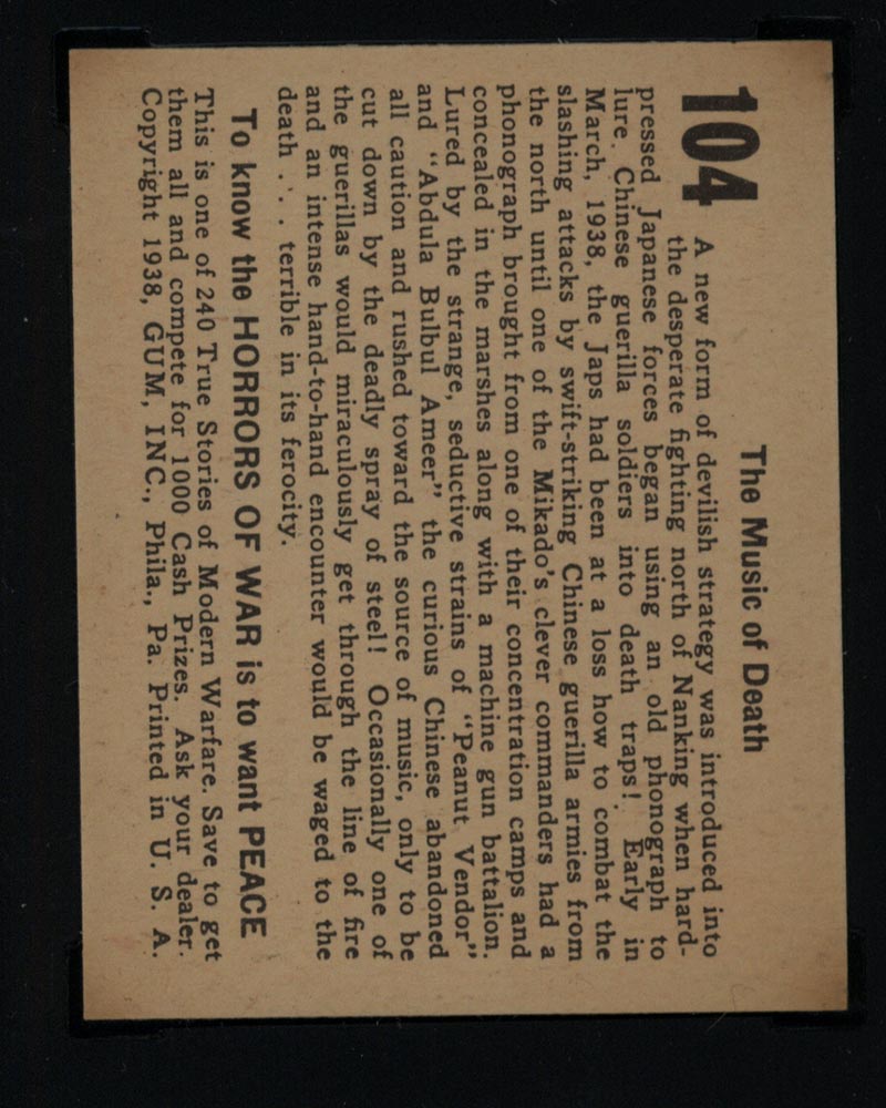 1938 Gum Inc Horrors of War #104 The Music of Death - Back