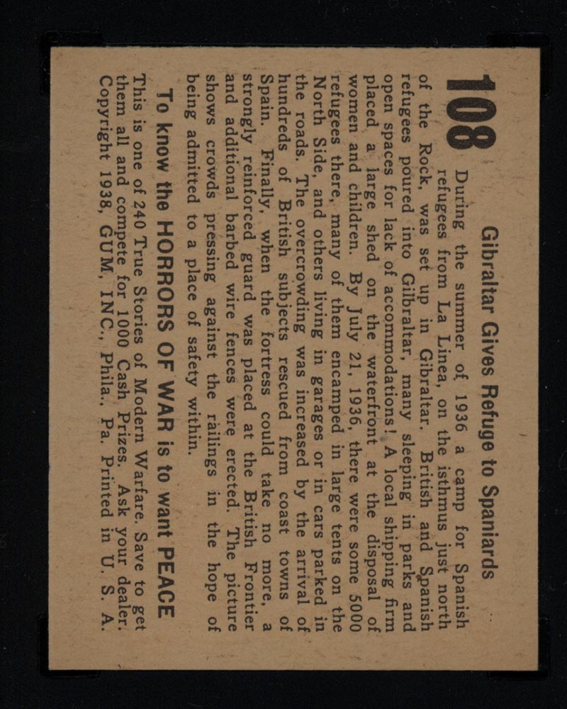1938 Gum Inc Horrors of War #108 Gibraltar Gives Refuge to Spaniards - Back