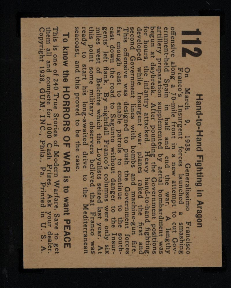 1938 Gum Inc Horrors of War #112 Hand-to-Hand Fighting in Aragon - Back