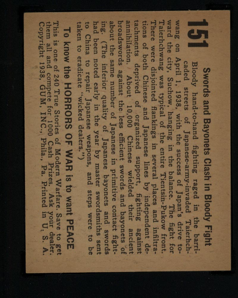 1938 Gum Inc Horrors of War #151 Swords and Bayonets Clash in Bloody Fight - Back