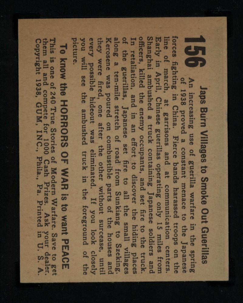 1938 Gum Inc Horrors of War #156 Japs Burn Villages to Smoke Out Guerillas - Back