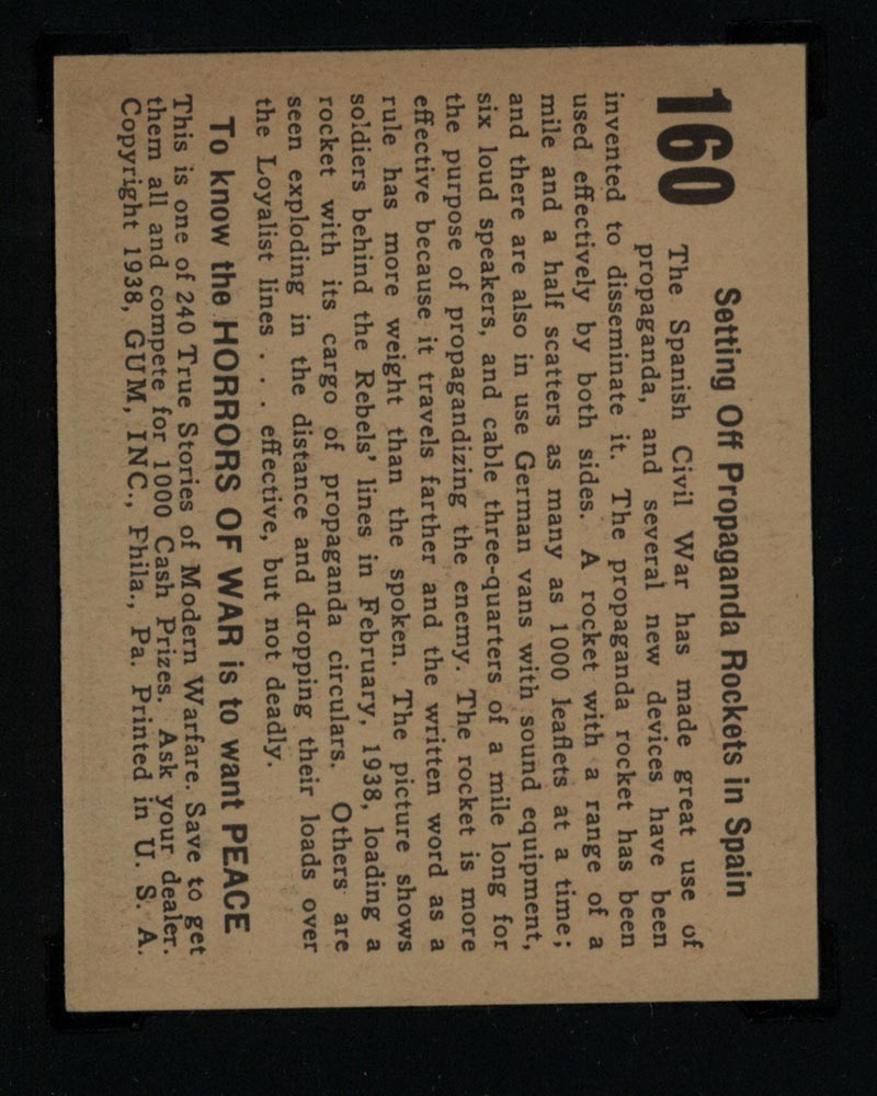1938 Gum Inc Horrors of War #160 Setting Off Propaganda Rockets in Spain - Back