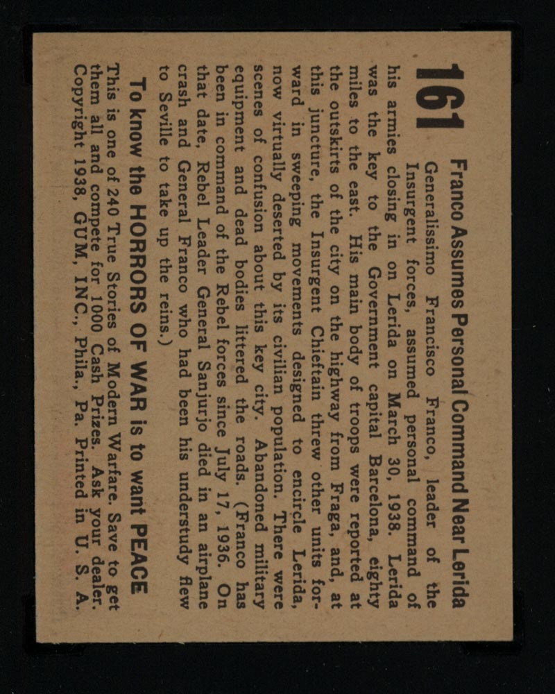 1938 Gum Inc Horrors of War #161 Franco Assumes Personal Command Near Lerida - Back