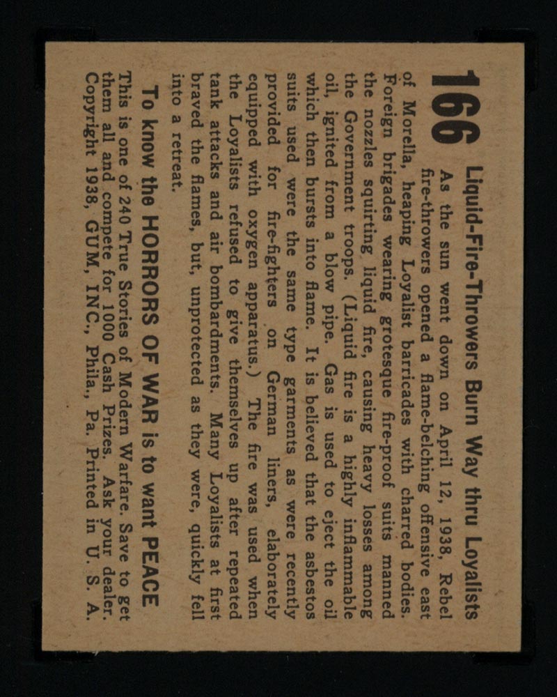 1938 Gum Inc Horrors of War #166 Liquid-Fire-Throwers Burn Way thru Loyalists - Back