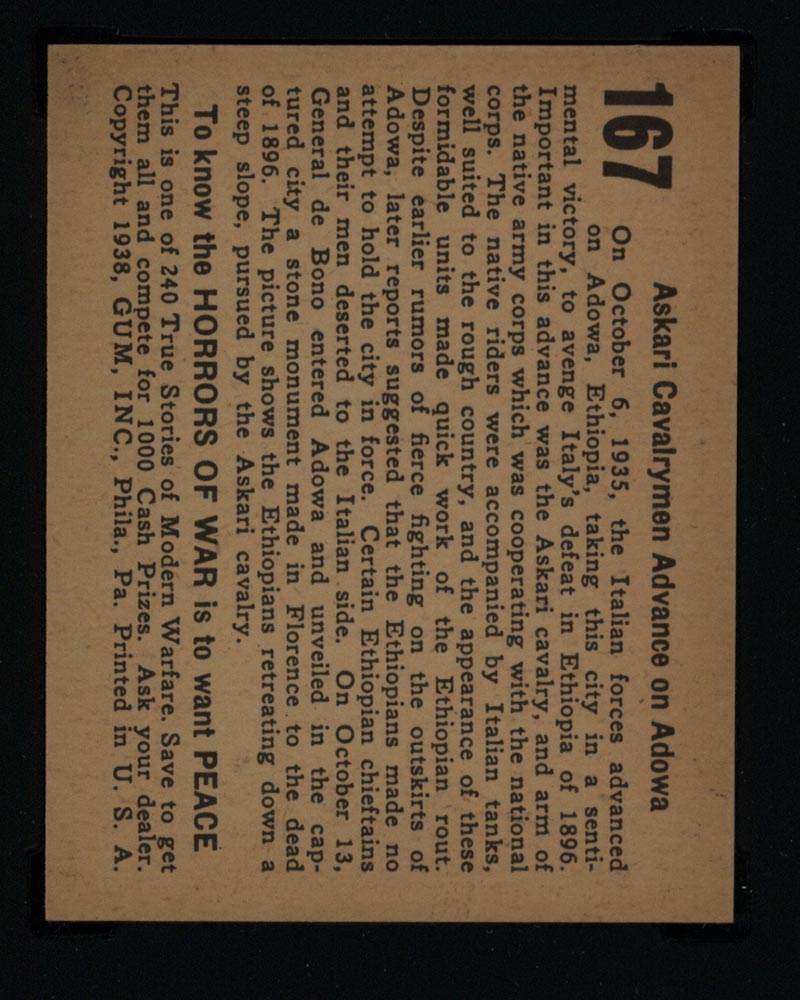 1938 Gum Inc Horrors of War #167 Askari Cavalrymen Advance on Adowa - Back