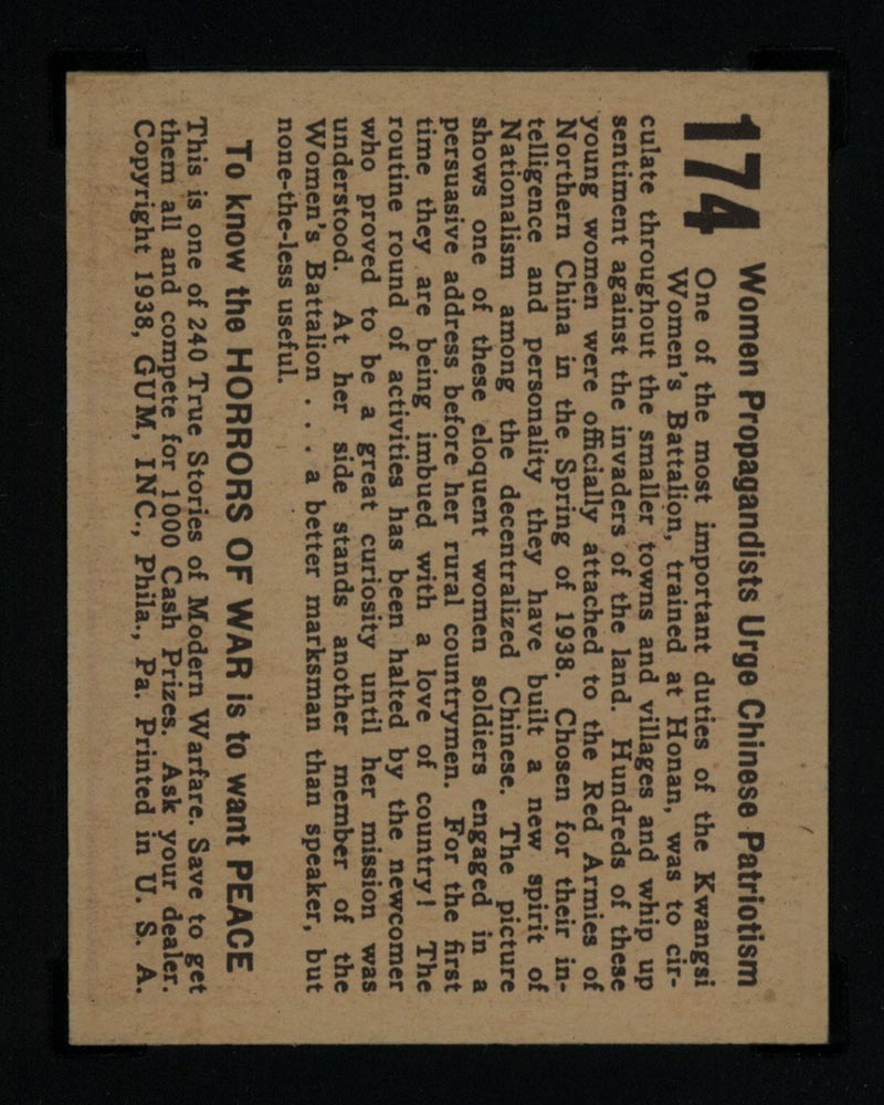 1938 Gum Inc Horrors of War #174 Women Propagandists Urge Chinese Patriotism - Back