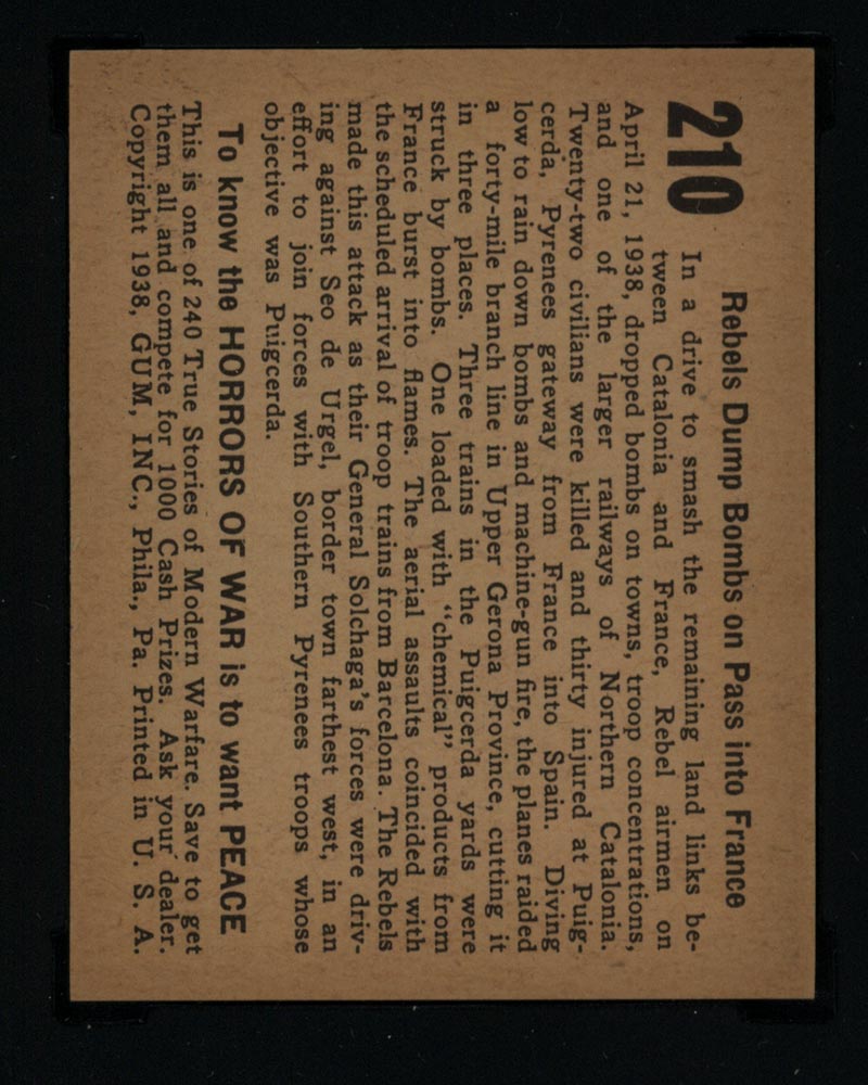 1938 Gum Inc Horrors of War #210 Rebels Dump Bombs on Pass into France - Back