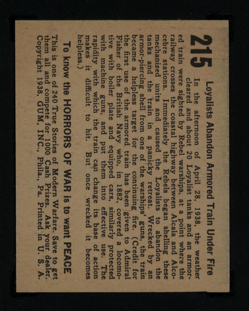 1938 Gum Inc Horrors of War #215 Loyalists Abandon Armored Train Under Fire - Back