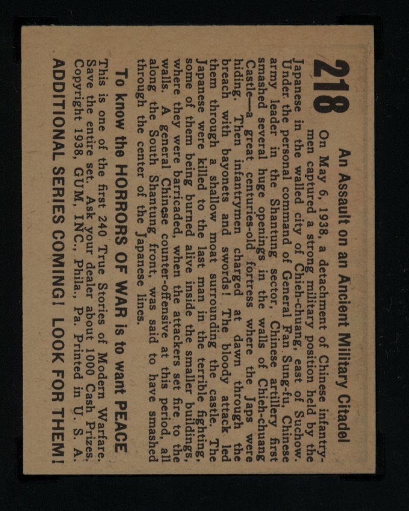 1938 Gum Inc Horrors of War #218 An Assault on an Ancient Military Citadel - Back