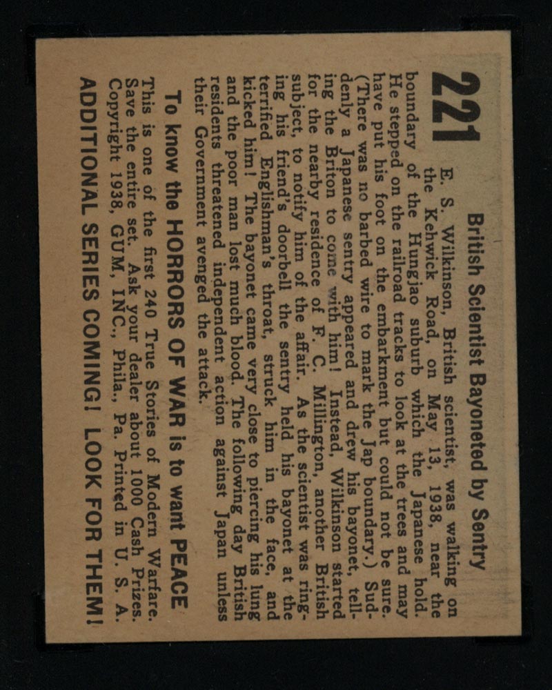 1938 Gum Inc Horrors of War #221 British Scientist Bayoneted by Sentry - Back