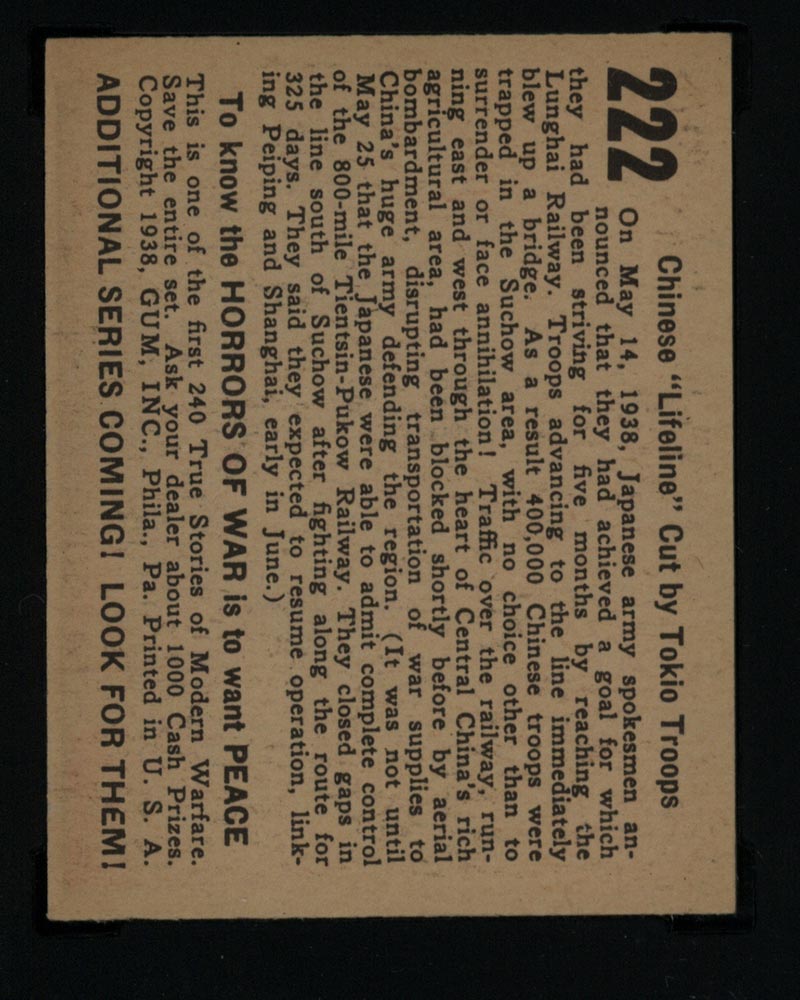 1938 Gum Inc Horrors of War #222 Chinese “Lifeline” Cut by Tokio Troops - Back