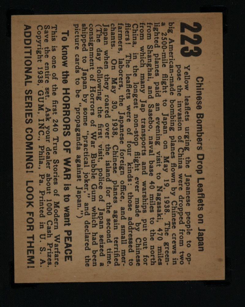 1938 Gum Inc Horrors of War #223 Chinese Bombers Drop Leaflets on Japan - Back