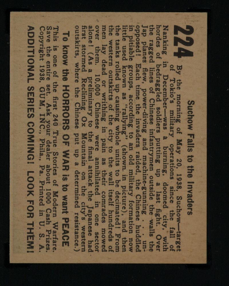 1938 Gum Inc Horrors of War #224 Suchow Falls to the Invaders - Back