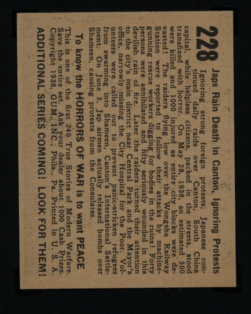 1938 Gum Inc Horrors of War #228 Japs Rain Death in Canton, Ignoring Protests - Back