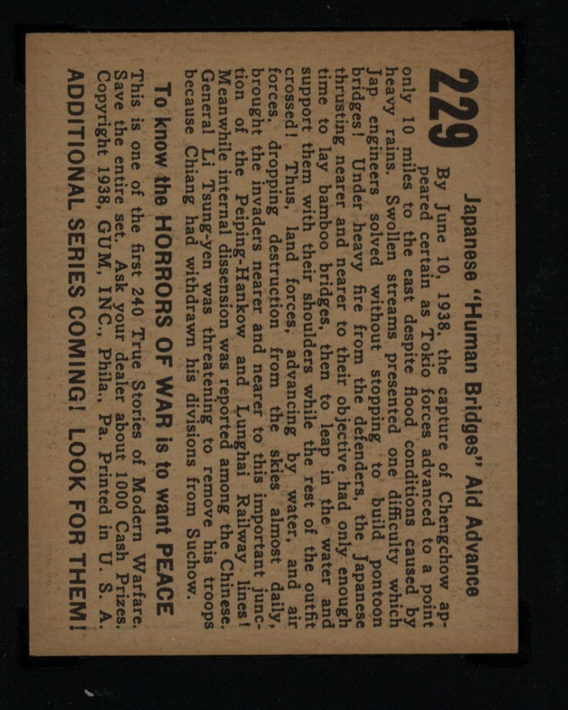 1938 Gum Inc Horrors of War #229 Japanese “Human Bridges” Aid Advance - Back