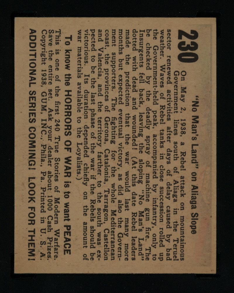 1938 Gum Inc Horrors of War #230 “No Man’s Land” on Aliaga Slope - Back
