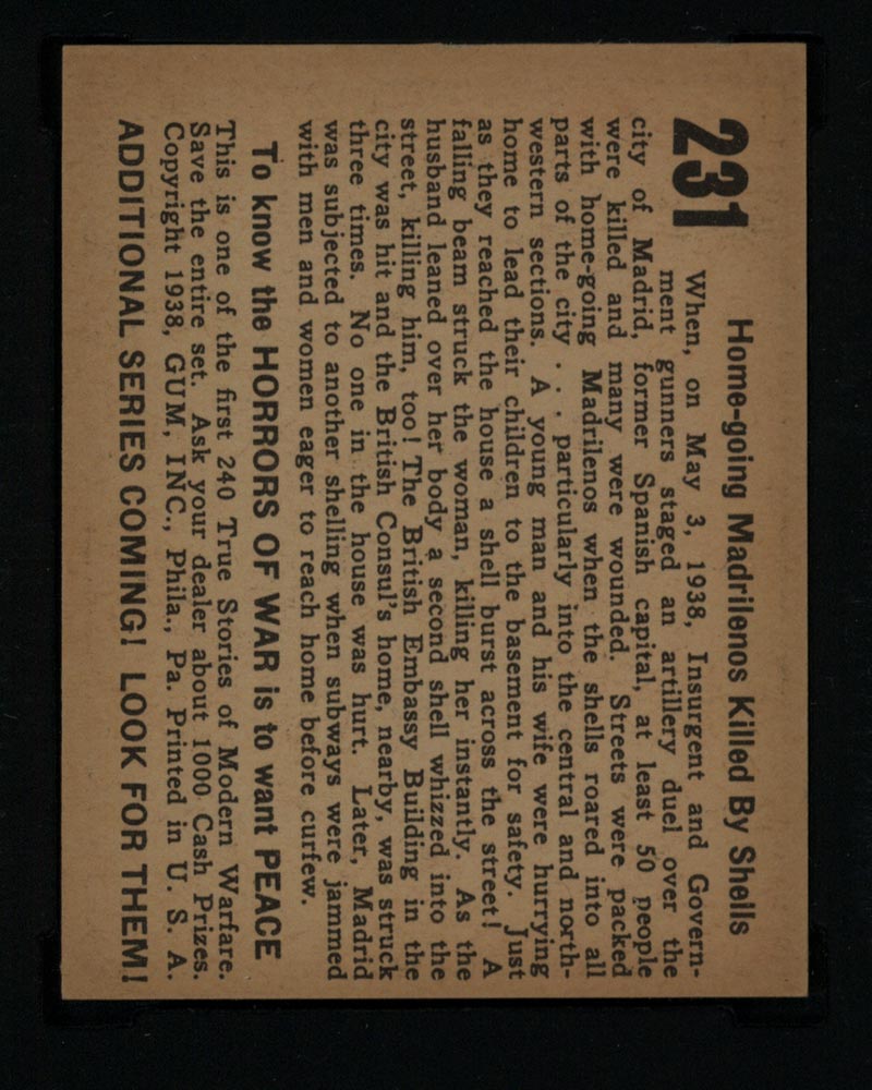 1938 Gum Inc Horrors of War #231 Home-going Madrilenos Killed By Shells - Back