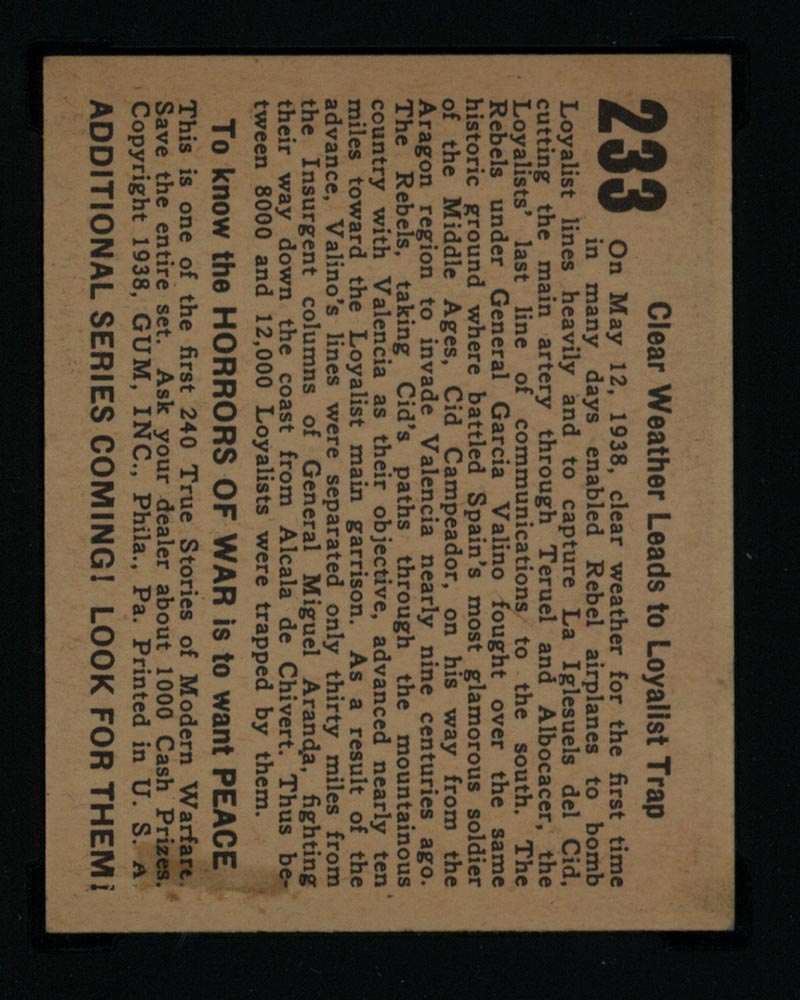 1938 Gum Inc Horrors of War #233 Clear Weather Leads to Loyalist Trap - Back