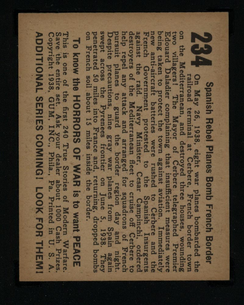 1938 Gum Inc Horrors of War #234 Spanish Rebel Planes Bomb French Border - Back