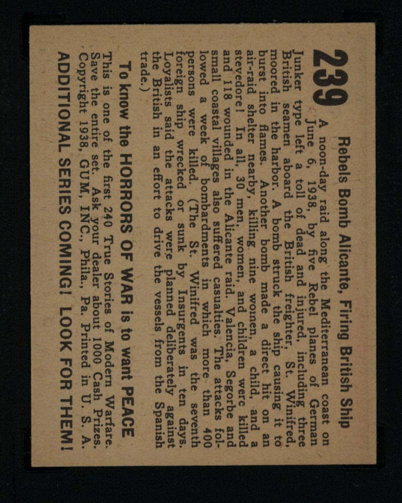 1938 Gum Inc Horrors of War #239 Rebels Bomb Alicante, Firing British Ship - Back