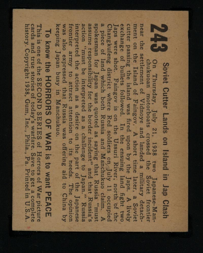 1938 Gum Inc Horrors of War #243 Soviet Cutter Lands on Island in Jap Clash - Back