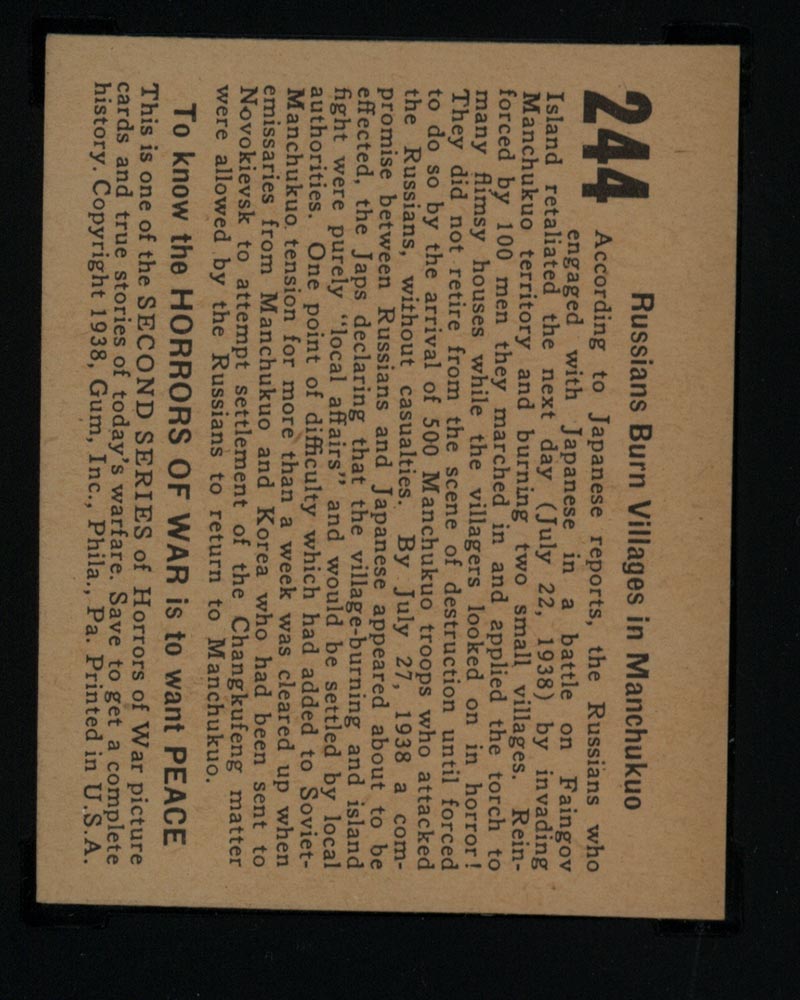 1938 Gum Inc Horrors of War #244 Russians Burn Villages in Manchukuo - Back
