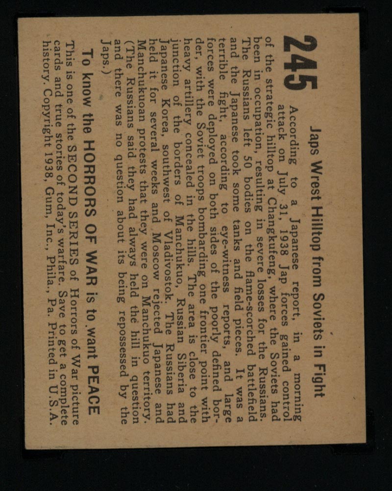 1938 Gum Inc Horrors of War #245 Japs Wrest Hilltop from Soviets in Fight - Back