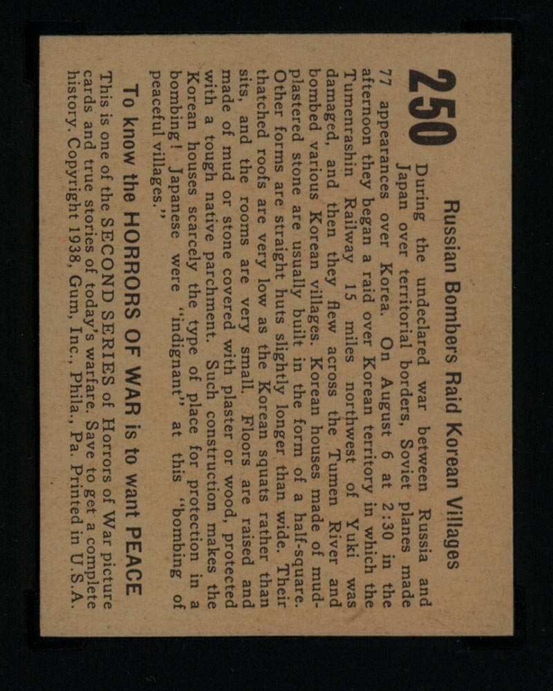 1938 Gum Inc Horrors of War #250 Russian Bombers Raid Korean Villages - Back