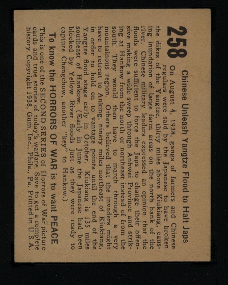1938 Gum Inc Horrors of War #258 Chinese Unleash Yangtze Flood to Halt Japs - Back