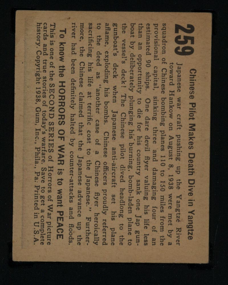 1938 Gum Inc Horrors of War #259 Chinese Pilot Makes Death Dive in Yangtze - Back
