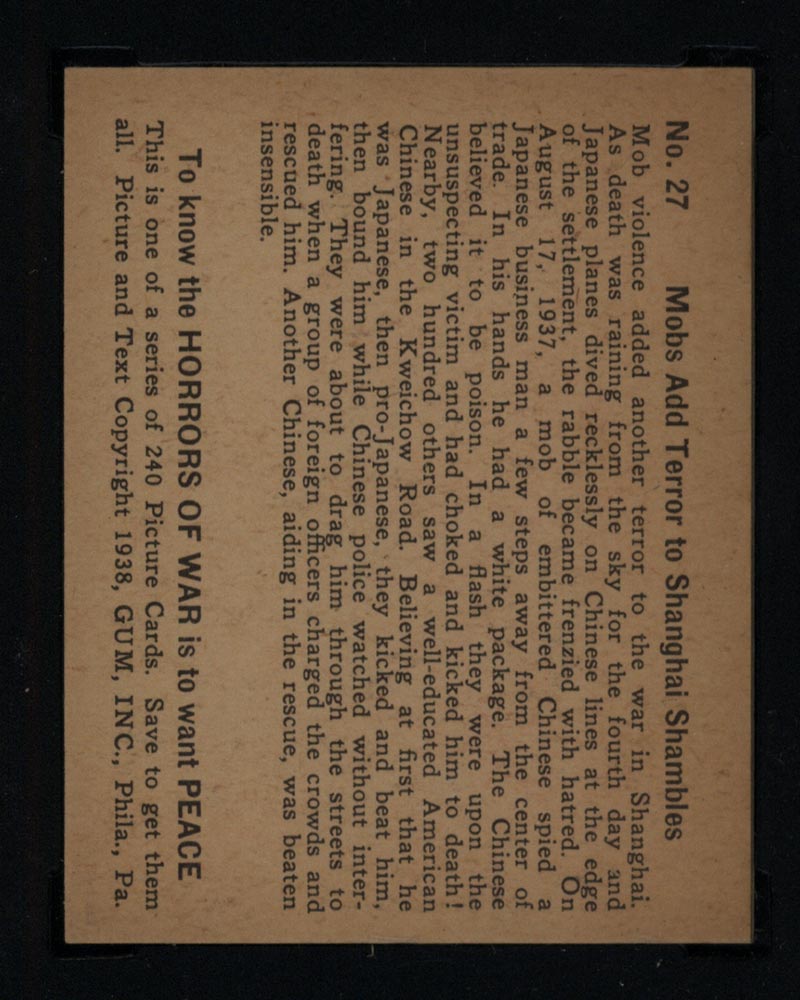 1938 Gum Inc Horrors of War #27 Mobs Add Terror to Shanghai Shambles - Back