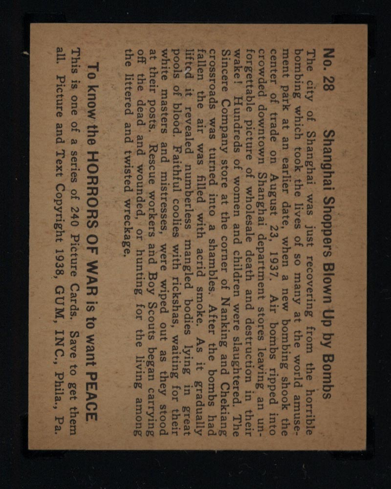 1938 Gum Inc Horrors of War #28 Shanghai Shoppers Blown Up by Bombs - Back
