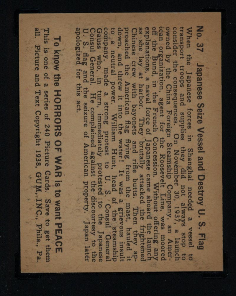 1938 Gum Inc Horrors of War #37 Japanese Seize Vessel and Destroy U.S. Flag - Back