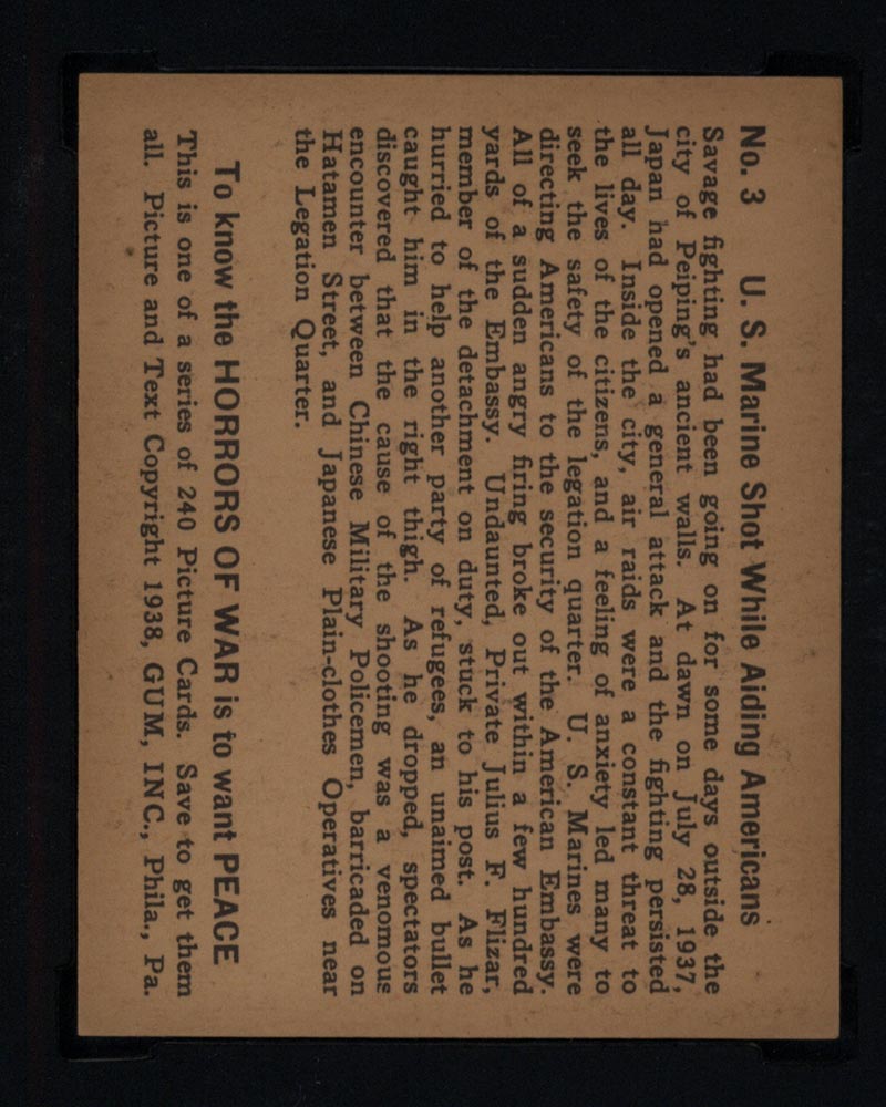 1938 Gum Inc Horrors of War #3 U.S. Marine Shot While Aiding Americans - Back