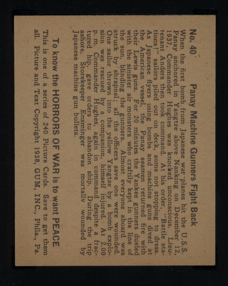 1938 Gum Inc Horrors of War #40 Panay Machine Gunners Fight Back - Back