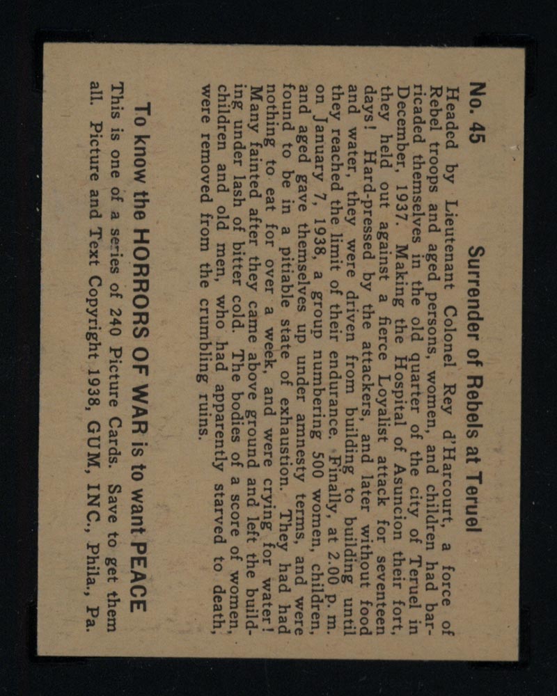 1938 Gum Inc Horrors of War #45 Surrender of Rebels at Teruel - Back