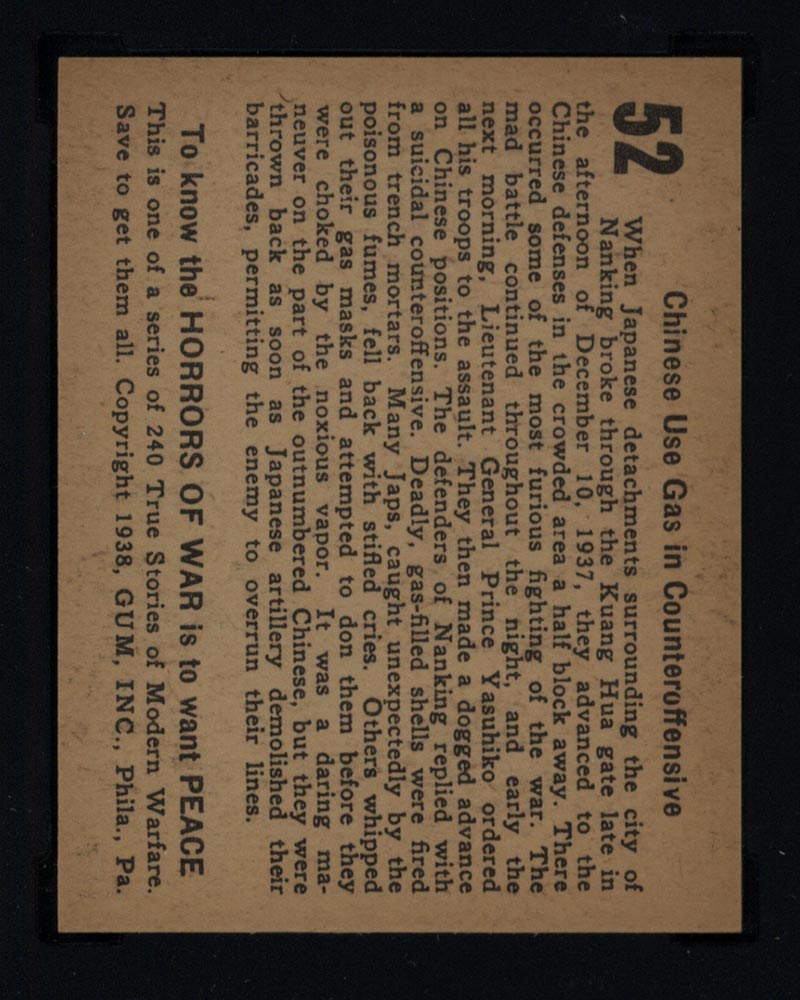 1938 Gum Inc Horrors of War #52 Chinese Use Gas in Counteroffensive - Back