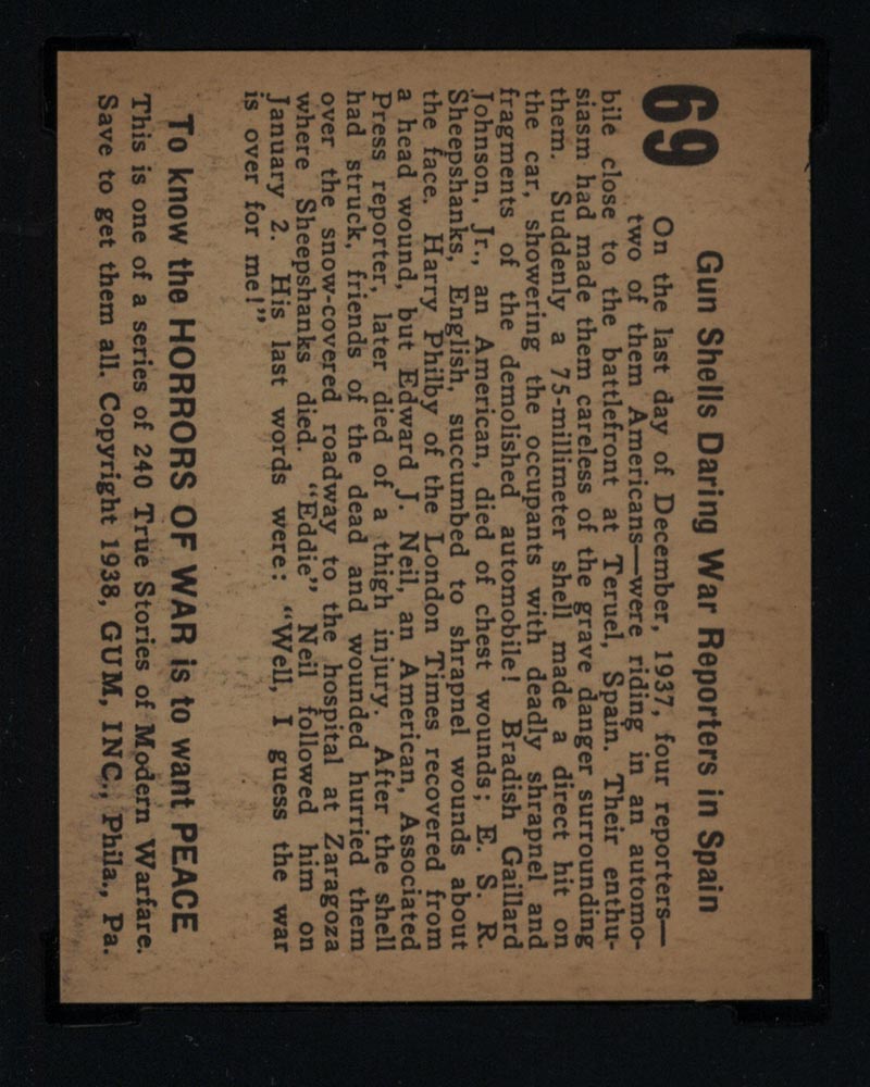1938 Gum Inc Horrors of War #69 Gun Shells Daring War Reporters in Spain - Back