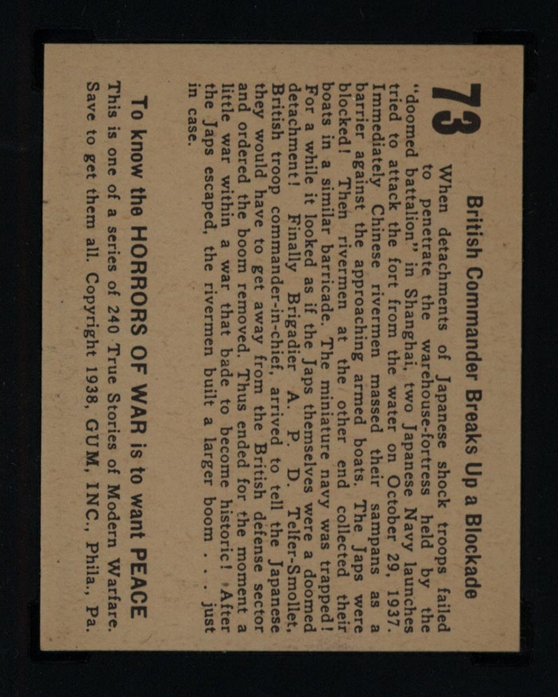 1938 Gum Inc Horrors of War #73 British Commander Breaks Up a Blockade - Back