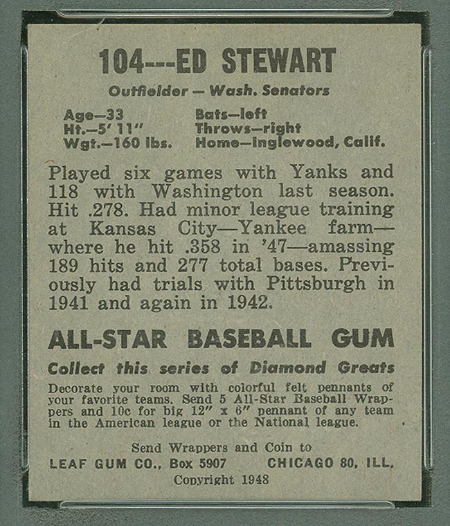 1948-1949 Leaf #104 Edward Stewart Washington Senators - Back