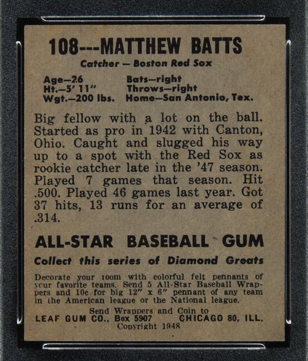 1948-1949 Leaf #108 Matthew Batts Boston Red Sox - Back