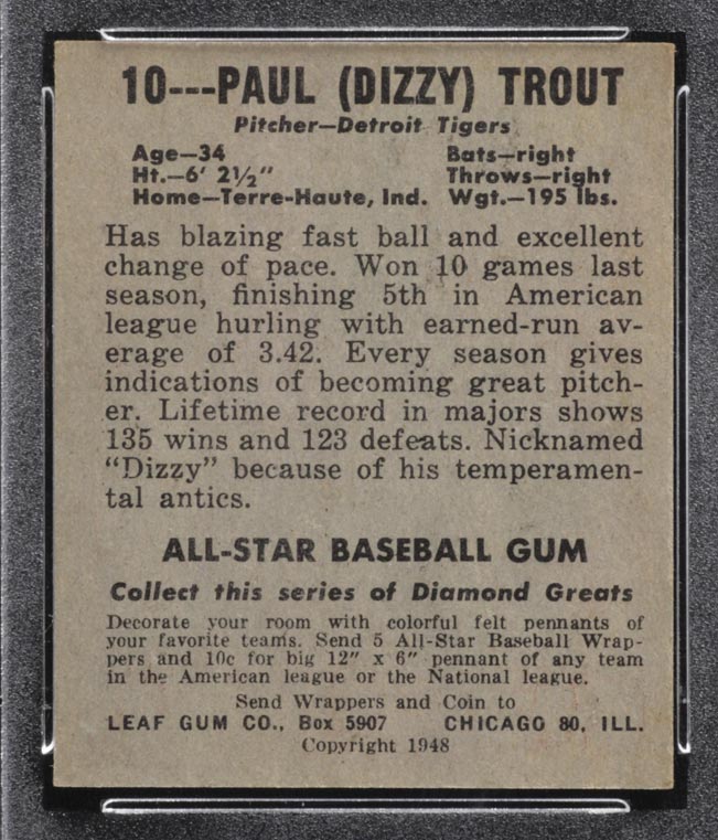 1948-1949 Leaf #10 Paul “Dizzy” Trout Detroit Tigers - Back