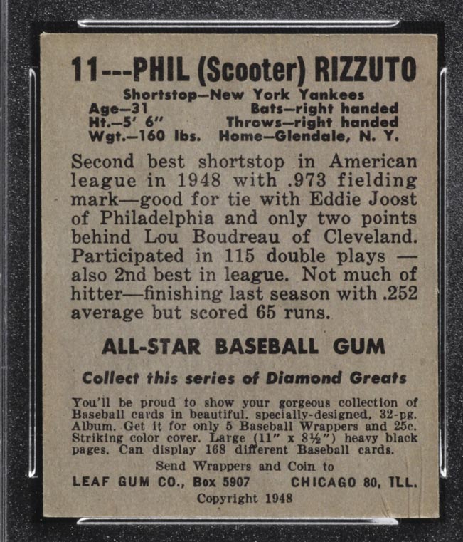 1948-1949 Leaf #11 Phil Rizzuto New York Yankees - Back